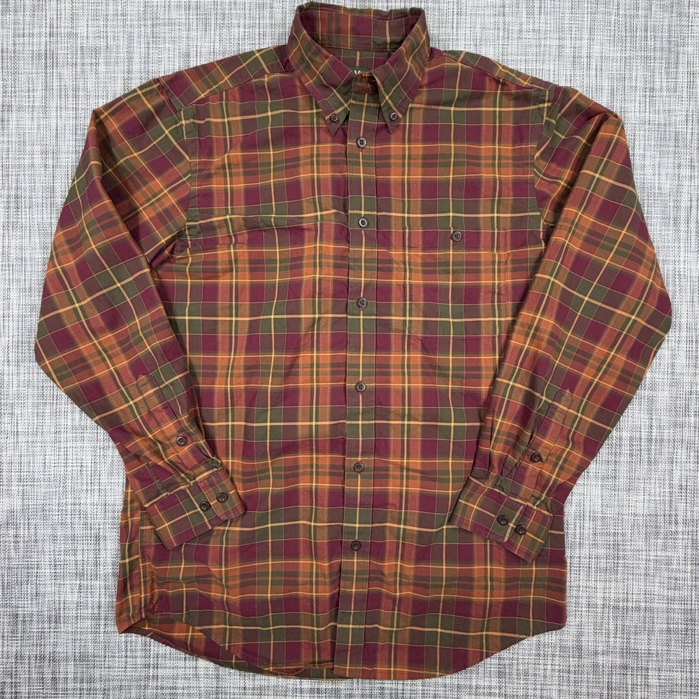 Orvis Mens Signature Twill Plaid Button Down Shirt Large Tall Maroon Green Gold
